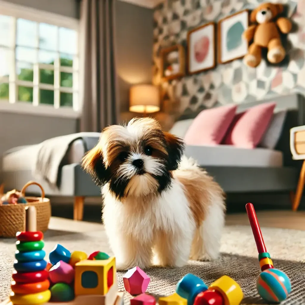 Pets ideais: Um cachorro pequeno, como um Shih Tzu, brincando em um apartamento decorado