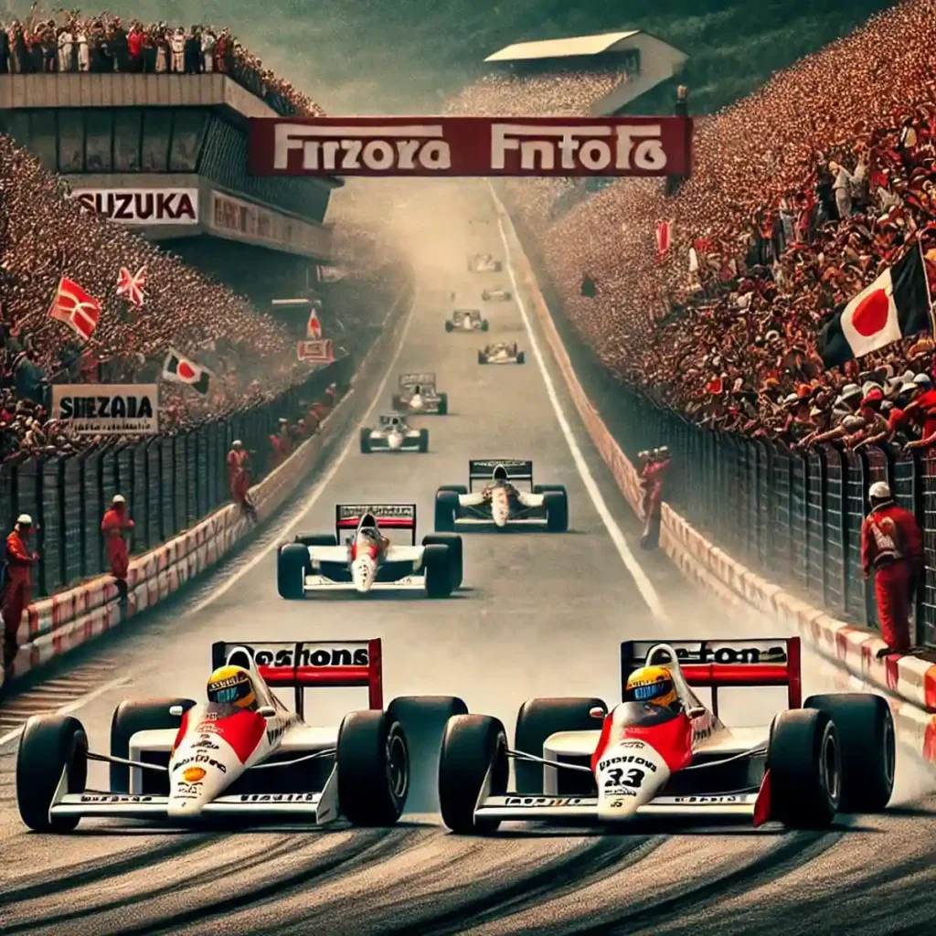 Ayrton Senna e Alain Prost colidindo no GP do Japão de 1989, um momento histórico da Fórmula 1