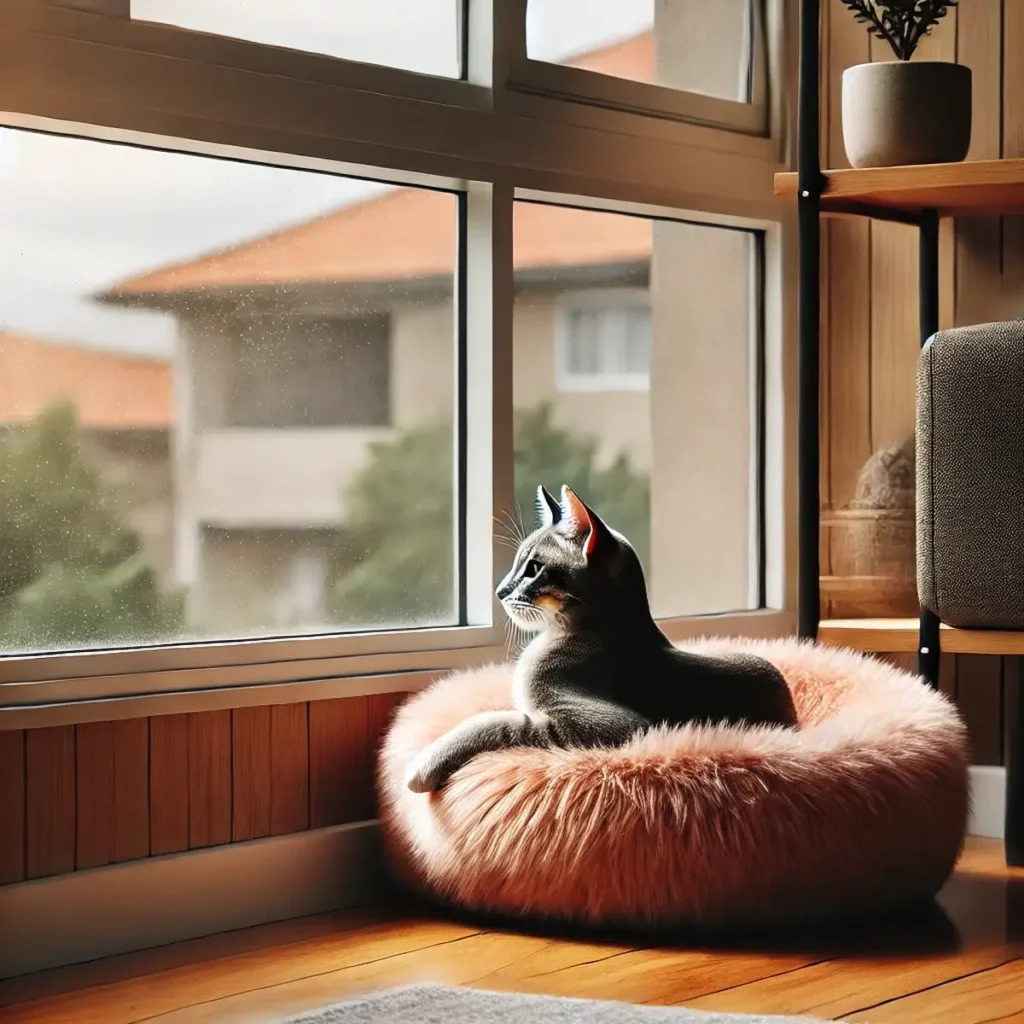 Pets ideais: um gato relaxando na janela protegida do apartamento